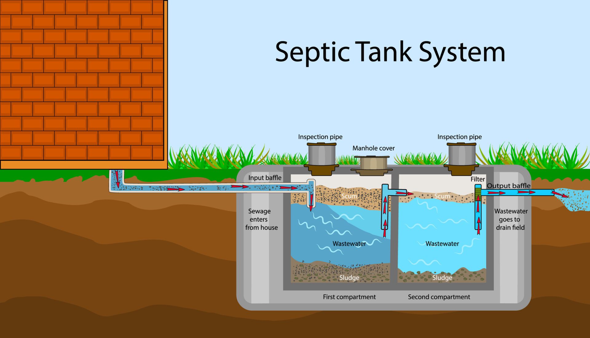 138183006_m Septic Tank diagram. Septic system and drain field scheme . An underground septic tank illustration. Infographic with text descriptions of a Septic Tank. Domestic wastewater. Flat stock vector EPS 10